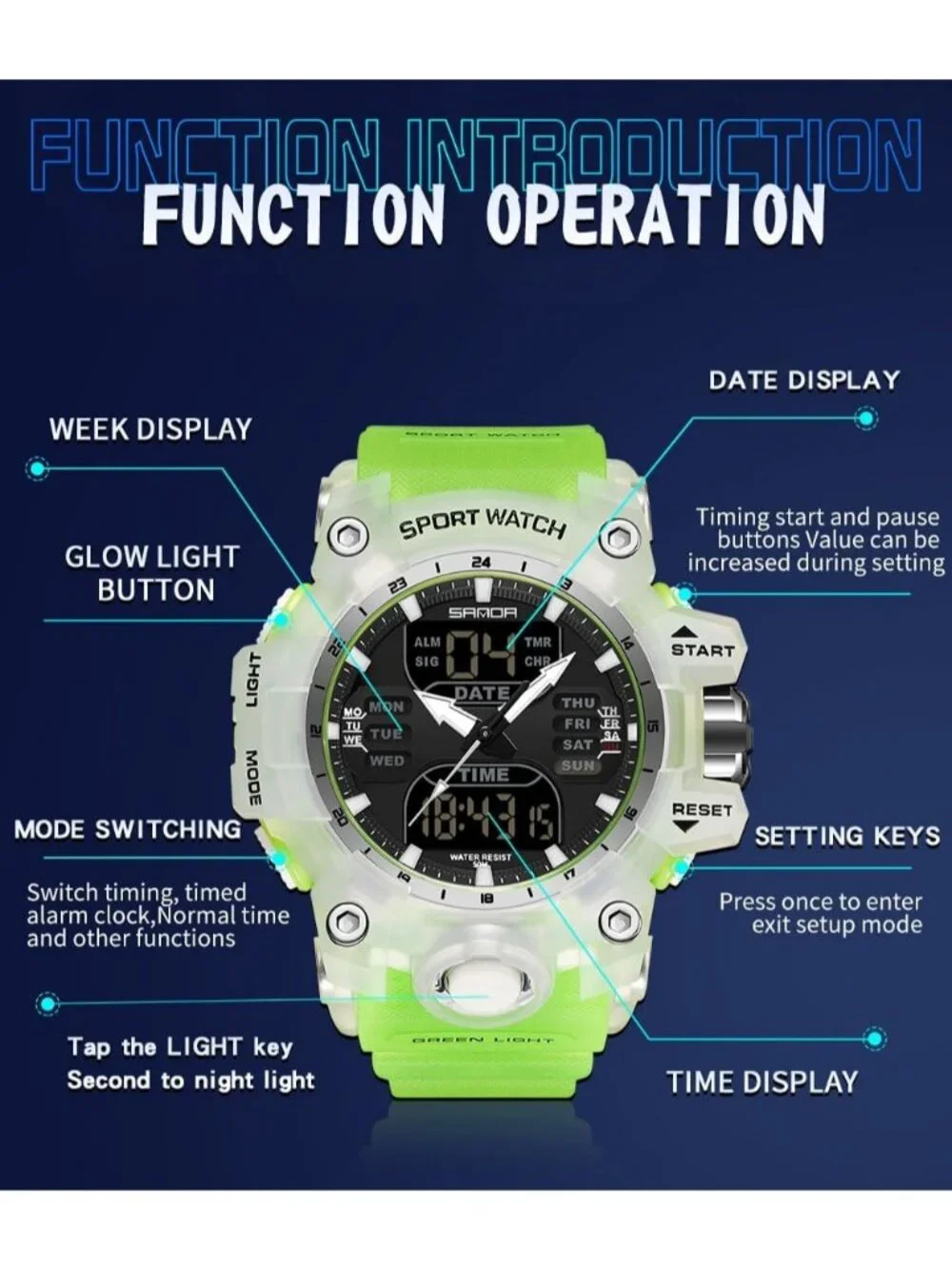 Men's Dark Blue White Analog Quartz S-Shock Waterproof Sports LED Digital Watch